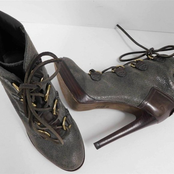 Tory Burch Lawson Bootie Pewter Brown‎ Leather Platform Stiletto Ankle Boots 7 M - Picture 7 of 7